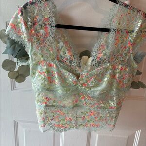 For Love And Lemons Mint Floral Lace Top